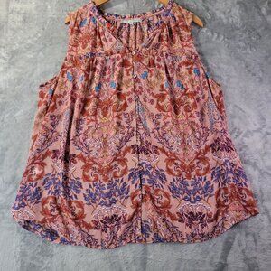 Daniel Rainn Womens 2X Pink Blue Floral Top‎ Sleeveless Semi Sheer Boho Vibes